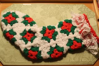 Vintage Crochet Christmas Stocking Handcrafted Granny Squares Red Green