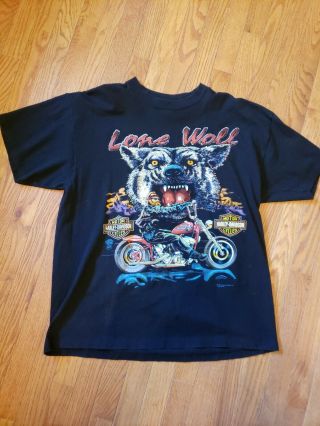 vtg 1991 HARLEY DAVIDSON MOTORCYCLE black t - shirt LONE WOLF sz XL 2