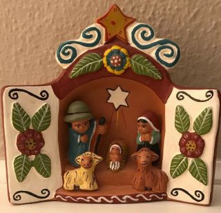 Mexican Folk Art Vintage Hand Painted Nativity Scene Clay Shadow Box