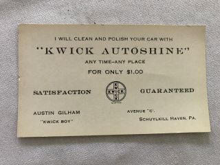 Kwick Autoshine Vintage Car Wash Advertising Card,  Schuylkill Haven,  Penna.