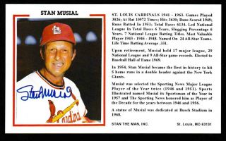 Stan Musial Signed St Louis Cardinals Baseball History Card - Bold Sig