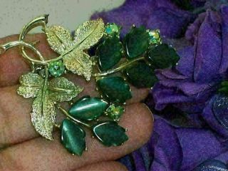 Vintage Green Thermoset Plastic Moon Glow Leaf Brooch With Ab Accent Rhinestones