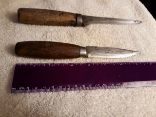 2 Vintage Swedish Mora Style Knives,  Sandvik Sweden Laminated Steel Wood Handle