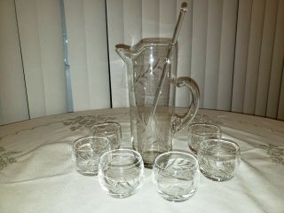 Vintage 32oz Etched Glass Cocktail Pitcher With Roly Poly Glasses Princess House