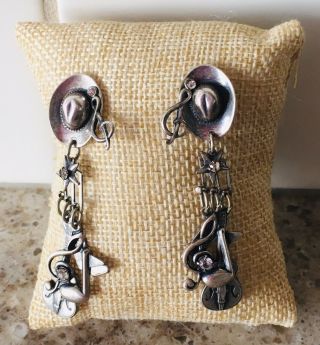 Vtg Western Sterling Silver Cowboy Boots Guitar Music Notes 2.  5 " Dangle Earrings