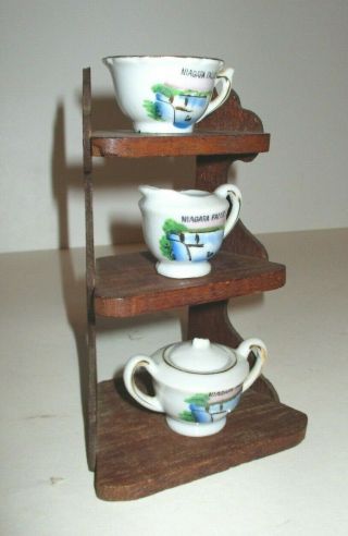 Vintage Ceramic Niagara Falls Souvenir Sugar Creamer Tea Cup Wood Display Shelf