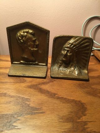 Cast Iron Lincoln & Native American Indian Bookends Copper Tone Vtg Door Stops