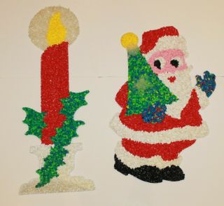 Vintage Melted Plastic Popcorn Christmas Santa And Candle Decorations