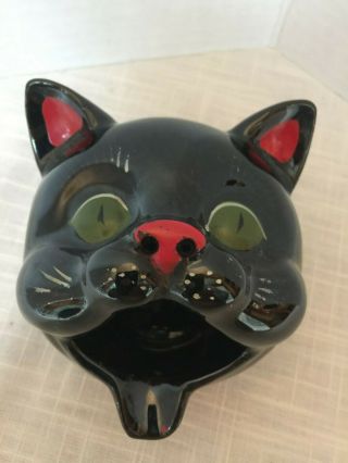 Black Cat Head Ashtray Incense Burner Green Eyes Red Bow Tie Vintage Cool Kitty