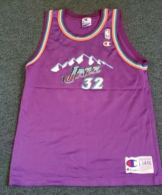 Vintage 90s Champion Utah Jazz Karl Malone Kids Jersey Size Large 14 - 16
