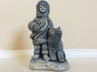 An Eskimo And His Dog Glacial Ice Age Sculpture Figure: A.  C.  E Alaska.