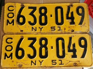 Vintage 1951 York State Commercial License Plate Pair Tag Com 638 - 049