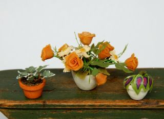 3 Vintage House Plants In Planters Ivy Rose Artisan Dollhouse Miniature 1:12