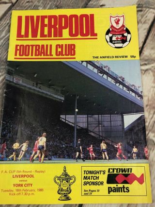 Liverpool Fc V York City Feb 1986 F.  A.  Cup Vintage Football Program