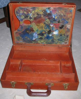 Vintage Solid Wood Artist Box And Palette Holder,  17 " X 13 " X 4 " ;