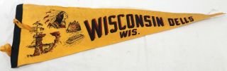 Vintage Yellow Wisconsin Dells Souvenir Pennant Size 27 " X 9 " With Landmarks