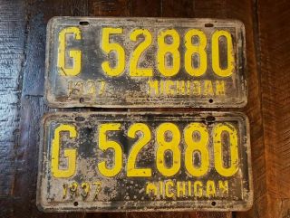1937 Paint Michigan License Plate Matching Pair G 52880 Fast S/h