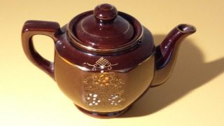 True Vintage Red Clay Brown Hand Painted Tea Pot Japan Redware Teapot Gold 1950s