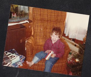 Vintage Photograph Cute Little Boy Sitting In Chair With Toy Camera