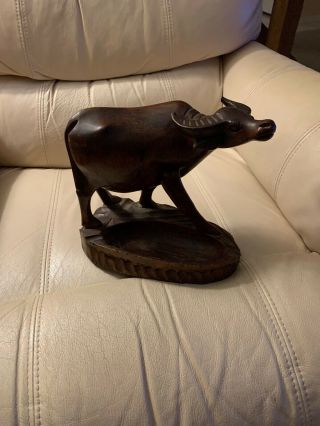 Vintage Wood Hand Carved Signed Water Buffalo Pipe Holder Stand