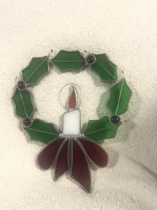 Stained Glass Vintage Christmas Holly & Berries Wreath,  Hangs,  9”