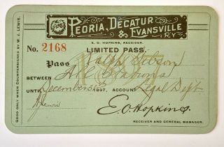 1897 Peoria,  Decatur & Evansville Railway Annual Pass Ralph Gibson W J Lewis