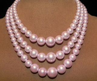 Vintage Triple Strand Lilac Faux Pearl Graduated Bead 16 " Choker Necklace