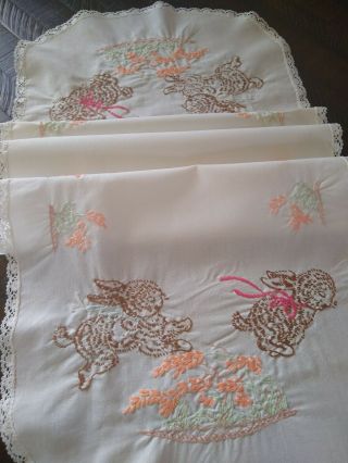 Vintage Hand Embroidered Baby Rabbit Rabbits Dresser Scarf Table Runner 14 X 39