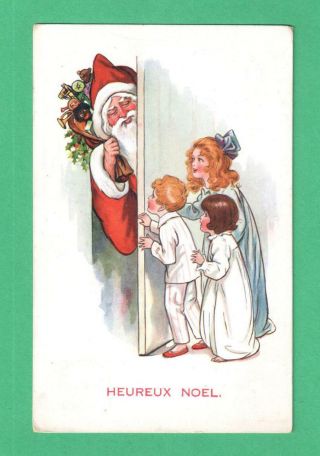 Vintage Christmas Postcard Santa Claus Sack Toys Door Children Pajamas