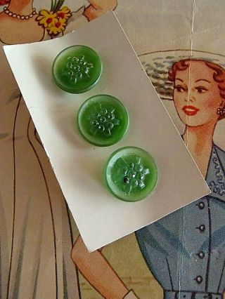 3 Vintage Glass Buttons Translucent Green 18mm Sew Scrapbook Jewelry Craft Knit
