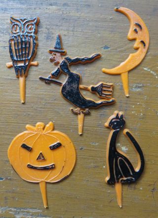 Vintage Halloween Cake Cupcake Topper Picks Ornament Cat Witch Moon (set Of 5)