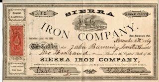 San Francisco Sierra Iron Company Stock Certificate 2000 Shares 1869