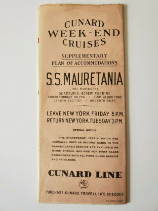 Cunard Steam Ship Mauretania 1931 Weekend Cruise Brochure Advertising Deck Plan