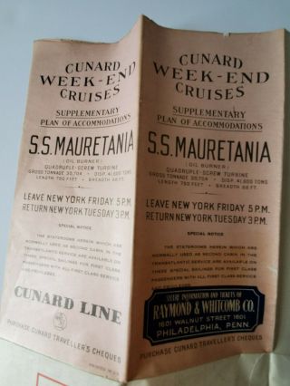 Cunard Steam Ship Mauretania 1931 Weekend Cruise Brochure Advertising Deck Plan 3