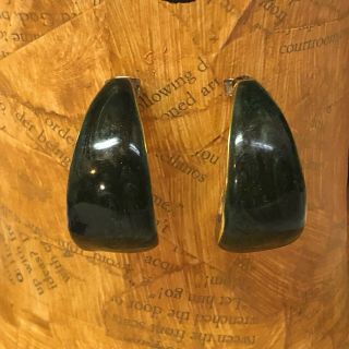 Vtg 80s Gold Tone/dark Green Enameled C Open Hoop Curved Chunky Pierced Earrings