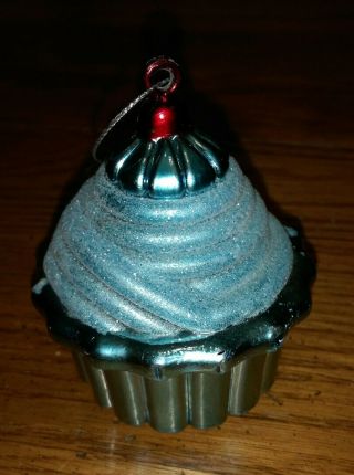 Vintage Cupcake Christmas Ornament Metallic Blue Color W/glitter Cherry Unique