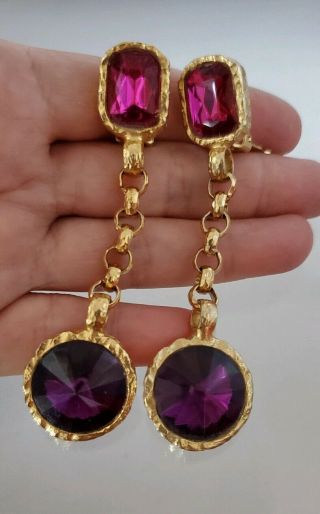 Vintage Ellen Designs Gold Tone,  Pink & Purple Dangle Clip On Earrings Rare