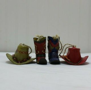 Vintage Collectible Set Of 4 Metal Cowboy Hats And Boots Christmas Tree Ornament