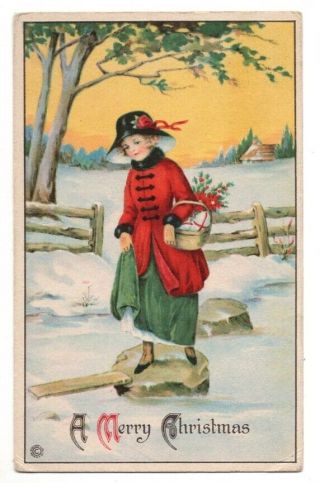 93019 Vintage Merry Christmas Postcard Woman In Snow 1919