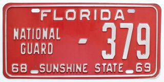 Vintage Red Florida 1968 1969 National Guard License Plate,  379,  Military