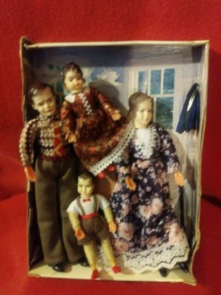 Vintage Dollhouse Family - Mother,  Father,  Son And Daughter - Rubber Dolls