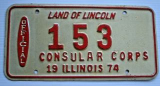 Illinois 1974 Consular Corps Diplomat License Plate " 153 " Il 74 Consul