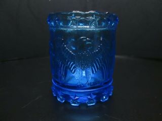 Vintage Fancy Eagle Drum Pattern Blue Glass Toothpick Holder Kanawha Dunbar 2 "