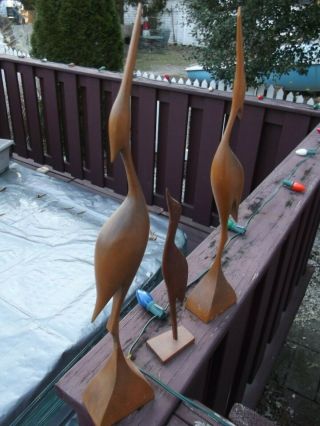 Set Of Three Vintage Hand Carved Light Colored Wood Cranes? Egrets? Birds
