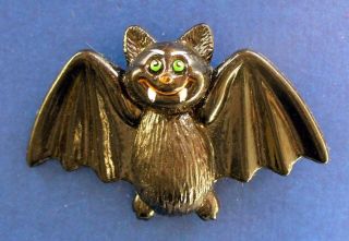 Russ Pin Halloween Vintage Bat Vampire Fangs Green Eyes Holiday Brooch