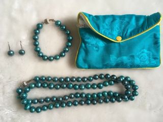Vintage Tahitian Blue - Green Pearl Necklace,  Bracelet & Earrings Signed 925