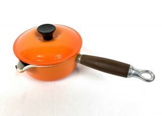 Le Creuset Flame Orange Enamel Cast Iron 14 Vintage Sauce Pan Lid Wood Handle