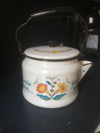 Vintage Enamel Teapot Kettle Swedish Berggren EN VAKTAD KITTEL BLIR ALDRIG BRAND 3