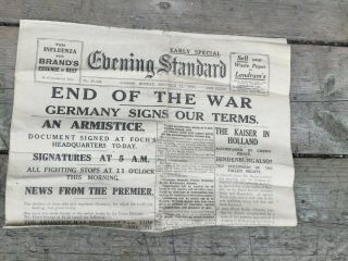 Vintage Paper The Evening Standard.  Monday Nov 11,  1918,  The End Of The War,  London