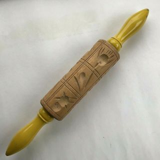 Vtg Springerle Rolling Pin 12 Sections Yellow Handles Usa Made Christmas Cookies